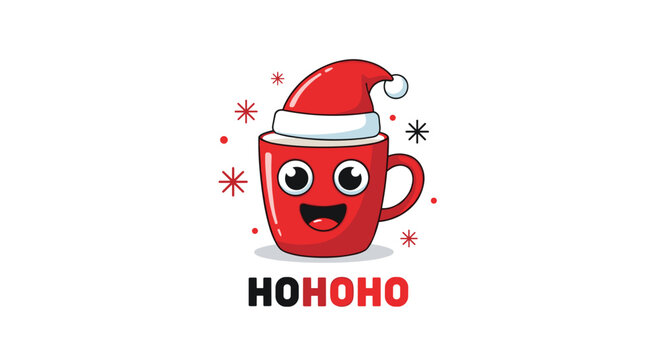 Festive red Christmas mug with a happy face wearing a Santa Claus hat and Hohoho text for holiday season beverage promotions.