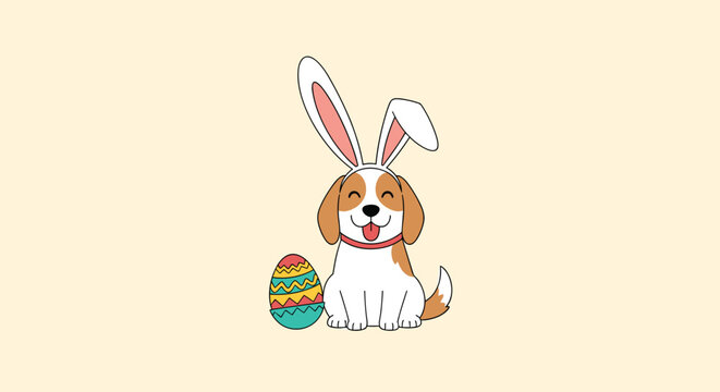 Adorable beagle puppy wearing long white bunny ears sitting next to a colorful decorated Easter egg on a simple pale background.