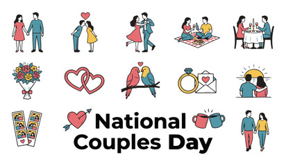 Fototapeta premium National Couples Day Vector Collection of Line Art Icons with Romantic Couples and Love Symbols