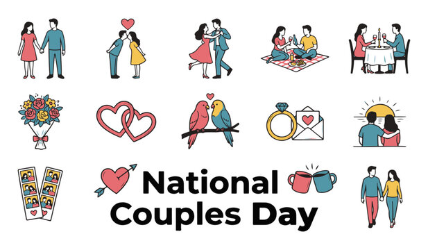 National Couples Day Vector Collection of Line Art Icons with Romantic Couples and Love Symbols