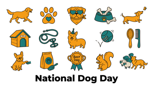 National Dog Day Hand-drawn Doodle Vector Icon Set of Dogs and Pet Accessories
