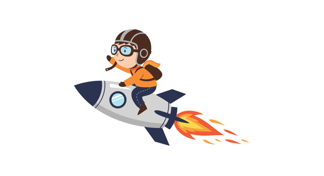 Young boy dressed as an astronaut pilot flying through space on a silver rocket with orange and yellow flames coming out.