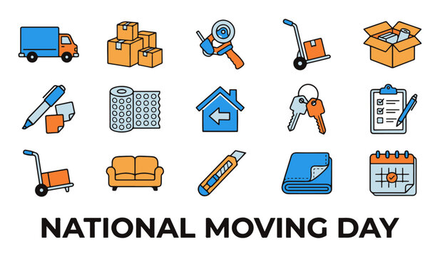 National Moving Day Vector Icon Set Collection for Relocation and Home Services