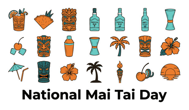 Vector Illustration Set of Tropical Tiki Bar and Cocktail Icons for National Mai Tai Day