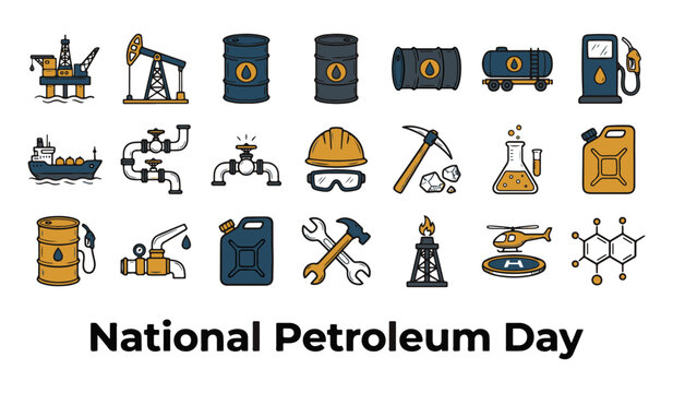Petroleum Oil and Gas Industry Icons Set with National Petroleum Day text, flat vector illustration