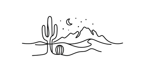 Fototapeta premium Minimalist continuous line art of a desert landscape with cactus and mountains.