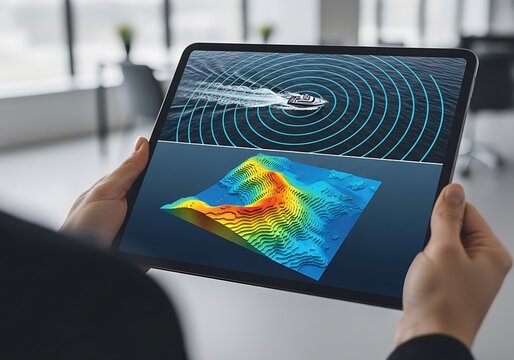 A person holding a digital tablet displaying sonar wave patterns from a boat and a colorful three-dimensional topographic map of the ocean floor
