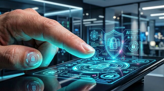 Finger hovering over glowing digital AI security shield verification interface