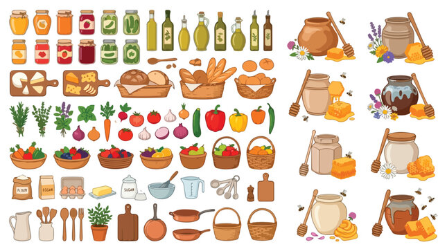 Rustic farm food collection with organic honey jars, fresh vegetables and artisan bread, hand drawn kitchen ingredients and pantry staples vector set