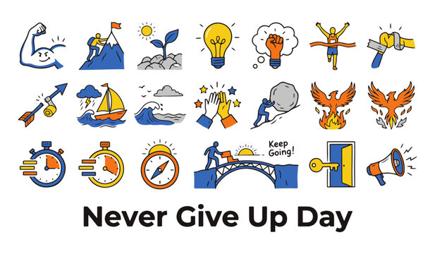 Hand Drawn Doodle Icons Collection for Motivation, Success, and Challenge with 'Never Give Up Day' Text