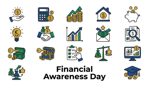 Hand Drawn Financial Awareness Day Vector Icon Set for Business and Money Concepts