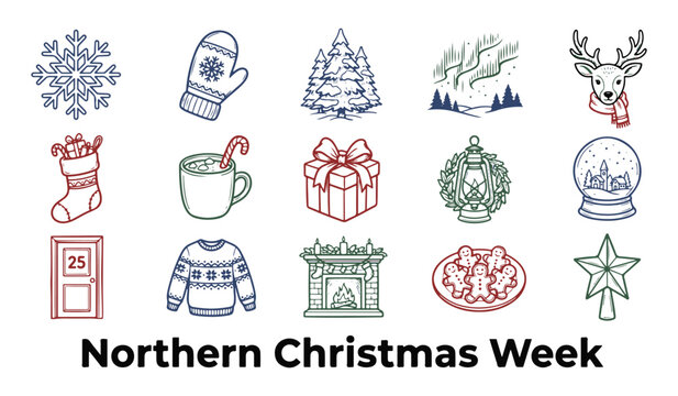 Collection of Christmas and Winter Holiday Line Art Icons. Festive Vector Set with Reindeer, Snowflake, Tree, Mitten, Gift, and Cocoa.