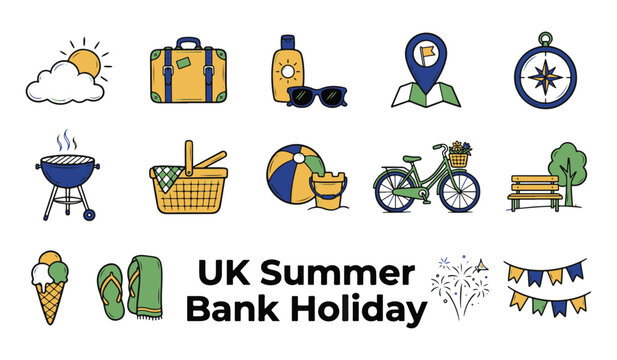 Collection of 'UK Summer Bank Holiday' Vector Icons with Line Art Style Illustrations