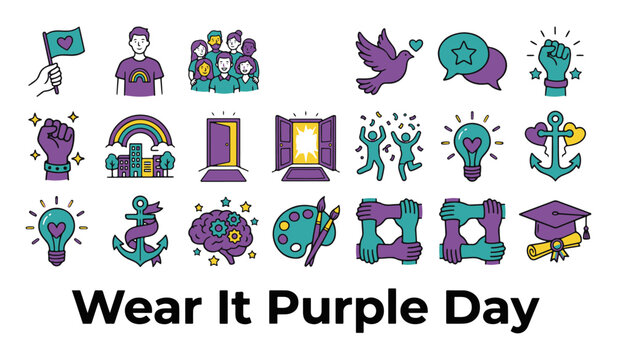 Wear It Purple Day Vector Icon Collection with LGBTQ+ Support, Community, and Creativity Symbols
