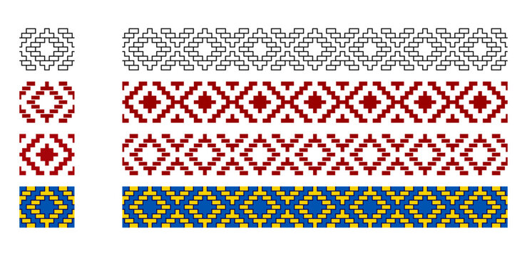Geometric Frame Border Pixel Art Folk Seamless Pattern Ukrainian Cross Stitch Style Vector Illustration