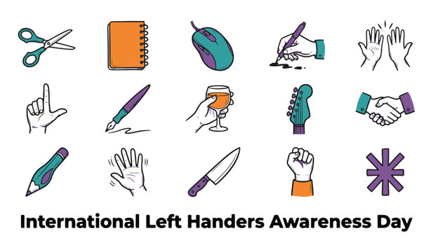 Vector icon set for "International Left Handers Awareness Day", featuring various objects and hand gestures