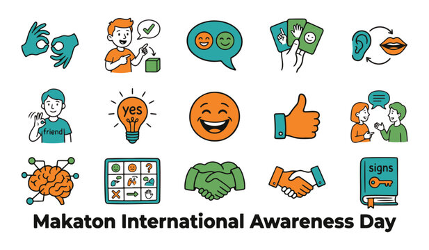 Makaton International Awareness Day Illustration with Communication, Sign Language, and Understanding Icons Set