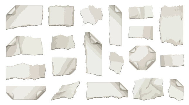 Torn paper scraps and ripped note collection, 18 white paper fragments with curled edges, realistic paper textures for scrapbooking and collage design