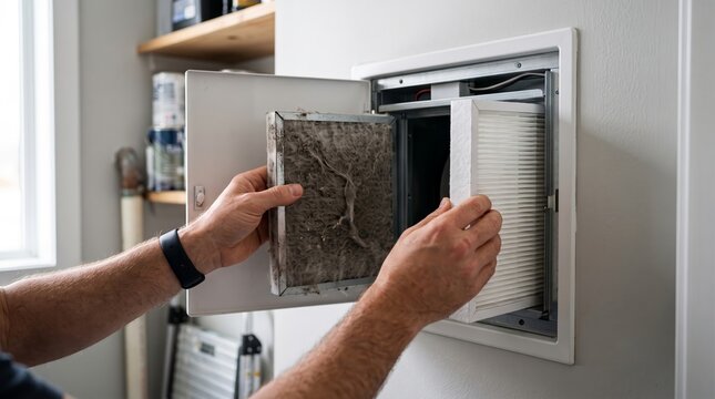 Close-up of a person removing a dirty air conditioning filter from a wall vent to replace it with a clean new one for home maintenance