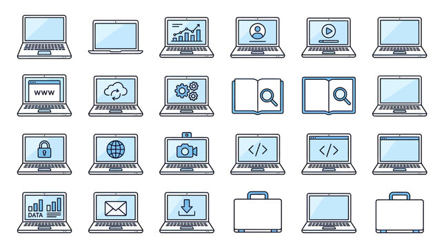 Set of Laptop Icons: Technology, Business, and Digital Concepts