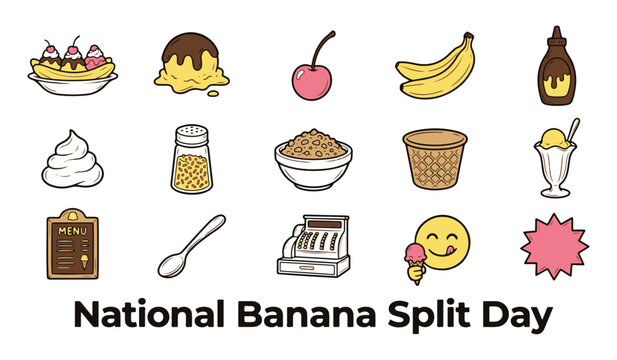 National Banana Split Day with cartoon illustrations of ice cream, banana split, and dessert ingredients