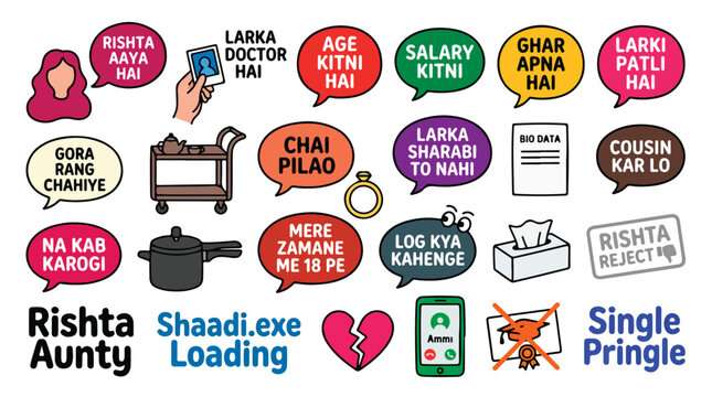 Desi wedding photobooth props collection, colorful South Asian marriage humor speech bubbles, funny Rishta Aunty and Shaadi culture EPS vector set