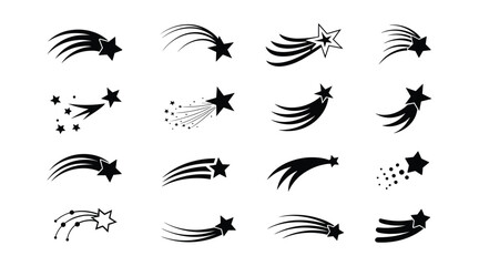 Collection of Shooting Star Icons: A compilation of stylized shooting star graphic elements. celestial event, cosmic journey, starry night, abstract illustration. © Vector By Thakur