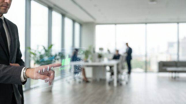 Businessman in modern office touching virtual hologram screen with approved icon, digital transformation concept for corporate technology and innovation strategies.