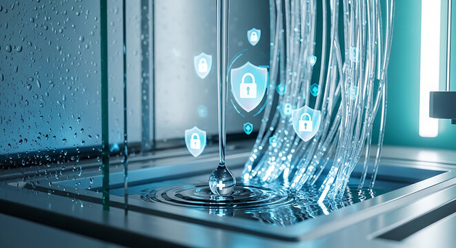 Medical security and HIPAA data protection concept featuring a digital shield and water drop with cross over fiber optic cables in a laboratory
