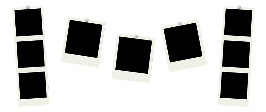 Collection of empty vintage polaroid photo frames pinned on a grey transparent checkered background in a horizontal banner format.