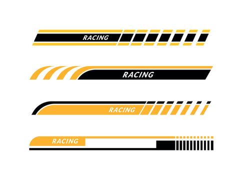Set of yellow and black racing car side body vinyl decals with sporty speed stripe graphics.