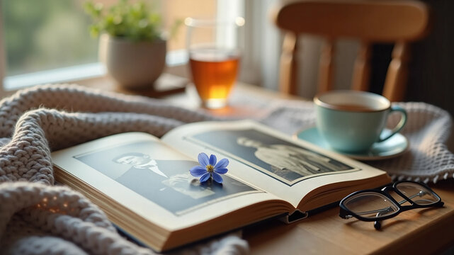 World Alzheimer's Day concept, vintage photo album with forget me not flower and reading glasses on table, memory loss and dementia awareness background