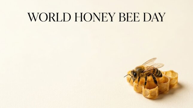 Minimalist greeting card for World Honey Bee Day with honeybee on honeycomb with copy space