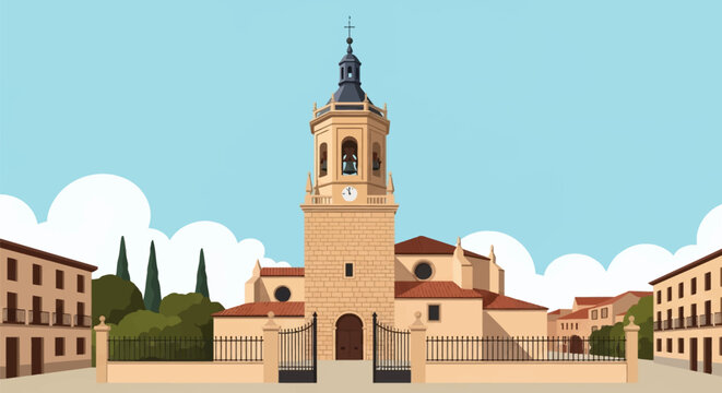 Flat vector illustration of a historic stone church bell tower featuring a clock face, iron gates, and terracotta roofs, set in a traditional Mediterranean town square scene.