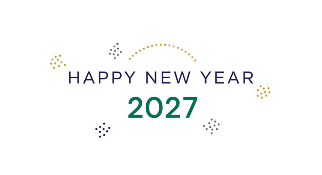 Happy new year 2027 text with scattered colorful dot and dashed line abstract decorations.