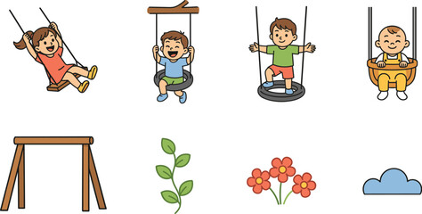 Fototapeta premium Children Playing on Swings Vector Set with Cute Toddler Baby and Kids on Tire Swings Flowers and Playground Elements for Preschool Graphic Designs