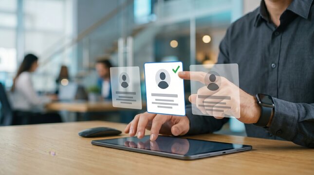 Man selecting employee profile card on transparent virtual interface over tablet, human resources recruitment hiring process