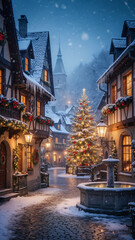 Fototapeta premium Snowy Historic Village Street Decorated for Christmas with Brightly Lit Evergreen Tree