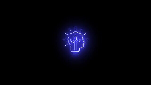Blue Neon Eco Innovation Human Head with Growing Plant Animation on Black Background | 4K Seamless Loop