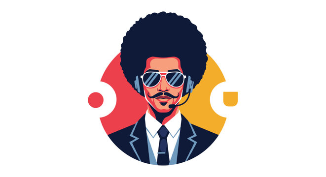 Retro style portrait of a black man with an afro, wearing sunglasses and a headset, posed against a colorful circle.