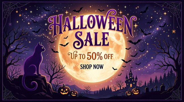 Halloween sale graphic with full moon cat spooky elements halloween discount