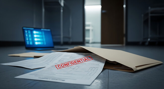 A confidential medical document with a red stamp lying on a hospital floor representing a HIPAA privacy breach or data security issue in healthcare