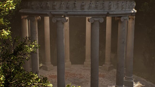 Classic stone rotunda with columns in a serene, misty forest. Sunlight filtering through the leaves creates a mysterious atmosphere