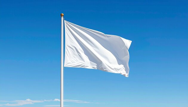 Realistic white flag waving against clear blue sky, minimalistic, high-resolution background.