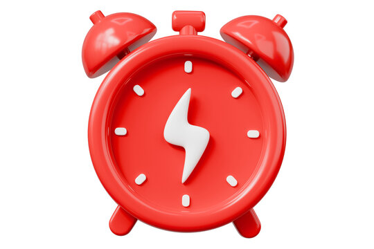 3d red alarm clock icon with lightning bolt. urgent reminder and fast deadline concept. cartoon style isolated on white background. 3d render.
