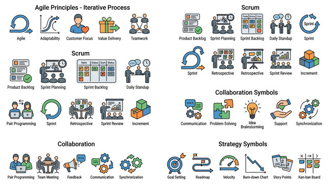 Agile Principles and Scrum Methodology Icons - Iterative Process