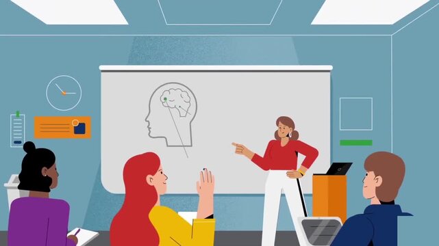 Business Coach Giving Psychological Mind Mapping Presentation to Coworkers in Office Meeting Room 2D Animation.
