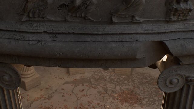 Camera descending from a detailed stone carving to reveal the atmospheric ruins of a classical temple with weathered columns and overgrown foliage
