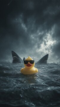 Vertical conceptual shot of a yellow toy rubber duck wearing sunglasses floating in a stormy sea with shark fins