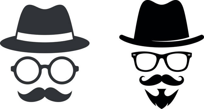 Classic hipster man avatar vector illustrations featuring trilby hats eyeglasses and stylized beard for masculine fashion logo branding